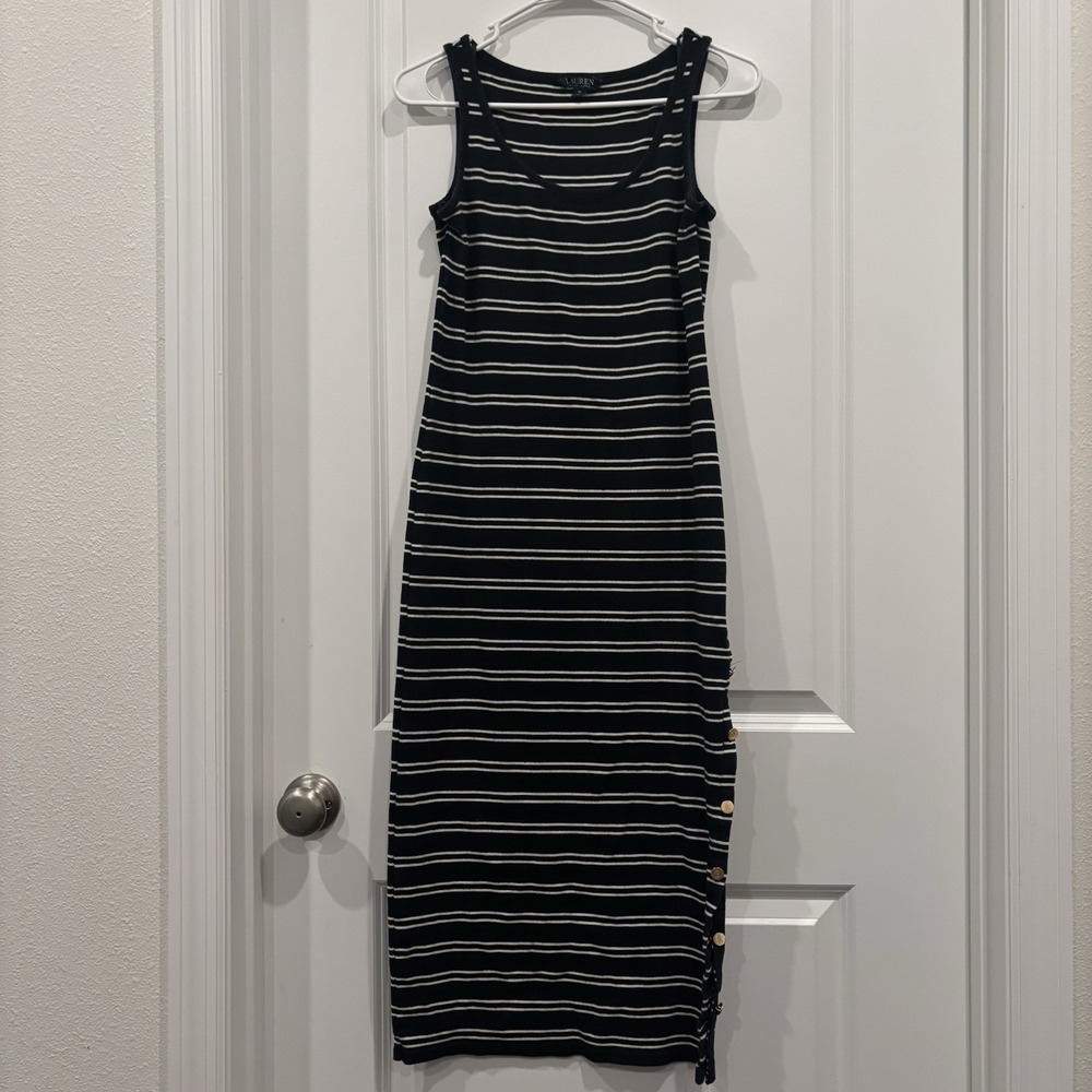 Lauren Ralph Lauren Womens Black White Striped Sleeveless Gold Button Midi Dress